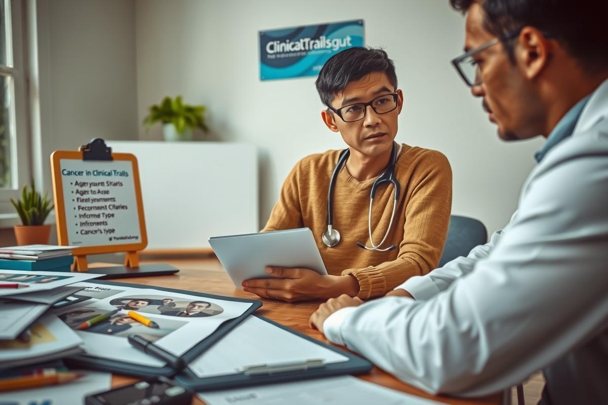 Two men in a professional setting, one holding papers and the other on a tablet. They are engaged in what appears to be a business or medical discussion.