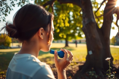 Image of a woman standing outdoors on a clear day. She is blowing bubbles with gum and holds a blue bottle near her mouth. The background features sunlit greenery.