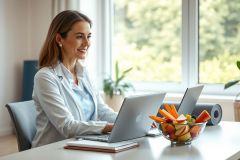 Woman working from home at a desk with a laptop and healthy snacks. Bright, airy room with a window and greenery. Focus on wellness, remote work, and productivity. Neutral color palette with pops of orange from the fruit bowl.