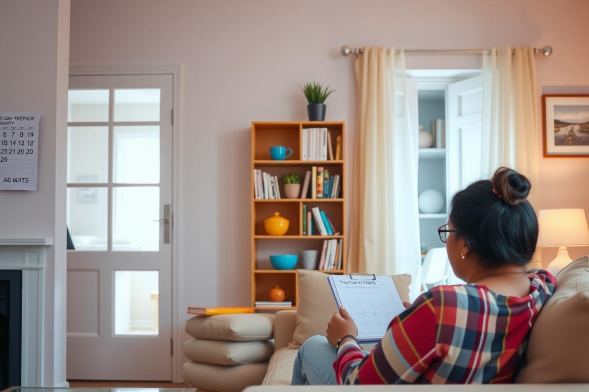The image portrays a domestic scene with a woman sitting comfortably on a couch. She appears to be in a relaxed state, perhaps enjoying some downtime or working from home. In her lap, she holds a folder or a notebook, suggesting she might be reviewing documents or taking notes. 