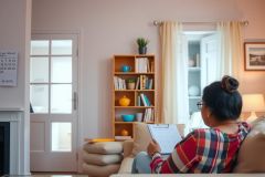 The image portrays a domestic scene with a woman sitting comfortably on a couch. She appears to be in a relaxed state, perhaps enjoying some downtime or working from home. In her lap, she holds a folder or a notebook, suggesting she might be reviewing documents or taking notes. 