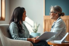 Doctor and patient in a bright, modern clinic setting. A smiling female doctor consults with a young woman, suggesting a healthcare appointment or discussion. Warm, neutral tones and natural light create a welcoming atmosphere. Focus on health, wellness, and doctor-patient relationship.
