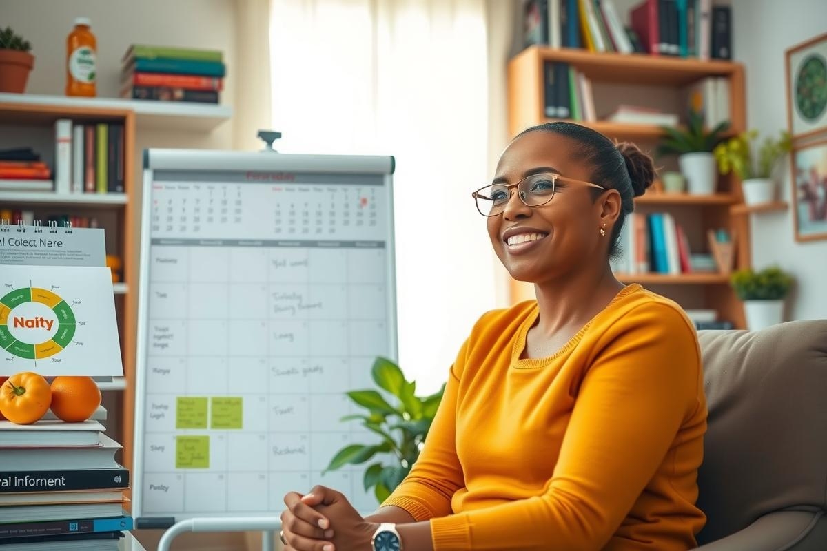 This image depicts a young woman seated at a desk in an office environment. She is wearing glasses and smiling. The room has a comfortable and well-lit ambiance with various objects like books, potted plants, and artwork on the walls.