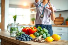Fresh produce is displayed on the kitchen counter. It includes blueberries, lemon, ginger, red bell pepper, and basil. A person stands in the background, appearing to be a doctor. Bright, natural light.