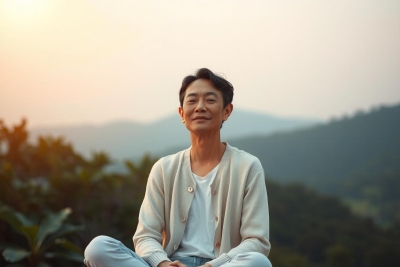 The image features a person sitting cross-legged on the ground, likely practicing yoga or meditation. The individual is wearing a light-colored top and has their arms folded at their sides. They are looking towards the camera with a slight smile. 