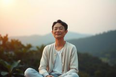 The image features a person sitting cross-legged on the ground, likely practicing yoga or meditation. The individual is wearing a light-colored top and has their arms folded at their sides. They are looking towards the camera with a slight smile. 