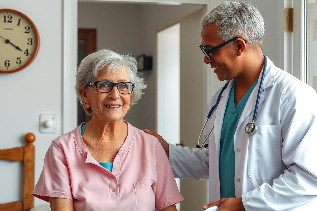 The image captures a heartwarming scene of an older woman receiving medical attention in her home. She is seated comfortably on a couch, smiling at the doctor who stands next to her, his hand gently resting on her arm, suggesting a reassuring interaction.