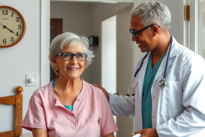 The image captures a heartwarming scene of an older woman receiving medical attention in her home. She is seated comfortably on a couch, smiling at the doctor who stands next to her, his hand gently resting on her arm, suggesting a reassuring interaction.