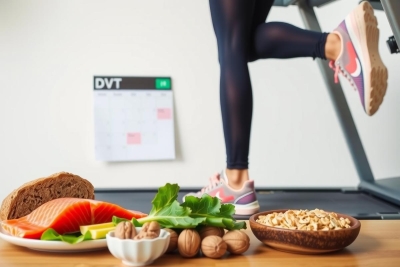 An image of a woman jogging on an indoor treadmill with a healthy meal in front of her. The plate contains fish, salad greens, nuts, and possibly bread or crackers alongside. A fitness watch is visible on the wrist, emphasizing the exercise theme.