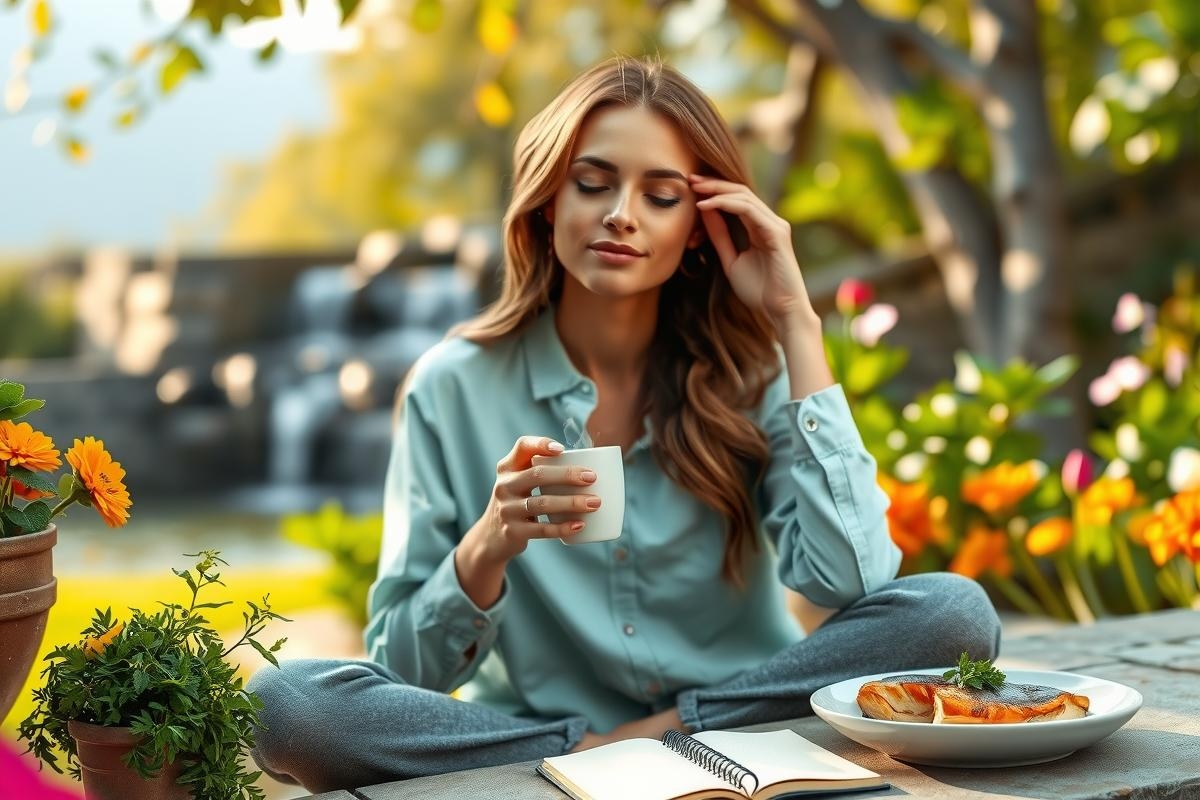 The image features a woman seated outdoors in a serene garden setting. She is wearing a casual, comfortable outfit, with her hair down and appears to be enjoying a moment of relaxation while sipping from a cup.