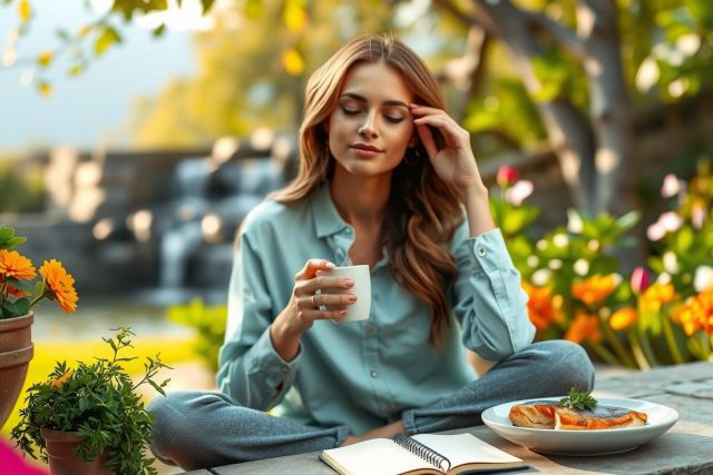 The image features a woman seated outdoors in a serene garden setting. She is wearing a casual, comfortable outfit, with her hair down and appears to be enjoying a moment of relaxation while sipping from a cup.
