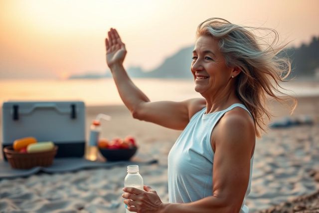 The image features a woman on a sandy beach at sunset. She appears to be exercising and is holding a water bottle, possibly indicating she's engaged in physical activity or hydration.
