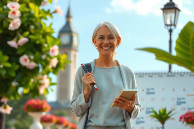 This image features a professional woman standing outdoors. She is smiling and holding what appears to be a clipboard or notebook, possibly indicating she is involved in an event or task that requires organization or documentation. The environment suggests a public park or garden setting with lush greenery and flowering trees in the background, which adds a pleasant ambiance to the scene.