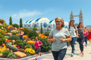 This is a vibrant and lively scene of several people enjoying a run in what appears to be an urban farm setting. The environment is bustling with greenery, vegetables, and flowers. There's a mix of adults and children participating in the event. They are all dressed in casual athletic wear suitable for running, indicating a fitness-related occasion. The overall atmosphere suggests an active, healthy lifestyle being promoted or celebrated.