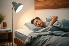 Man sleeping peacefully in bed, covered with a blue blanket. Warm lighting creates a cozy and relaxing bedroom atmosphere. Minimalist decor with a lamp and books add to the serene scene.