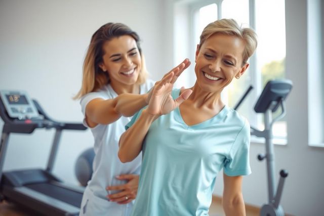 A female trainer assists a client with exercise form in a gym setting. Focus on proper posture and technique. The room is bright with fitness equipment visible in the background.