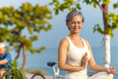 The photo shows a woman seated, dressed in athletic attire. She smiles and appears to be doing some sort of yoga or relaxation exercise outdoors. The setting evokes a beach or coastal setting with palm trees visible in the background.