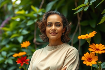 A woman standing in a garden with vibrant flowers. She has short, styled hair and is wearing a beige top. Her expression is thoughtful as she looks slightly to her right.