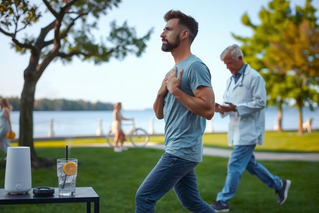 A man is jogging on a grassy area near water, with a bicycle and a leisurely setting that includes a drink with an orange slice. The environment suggests relaxation and outdoor activity. A physician in the background appears to be observing the runner.