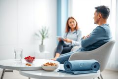 A bright, modern therapy session. A man sits facing a woman, possibly a therapist, in a light blue room. Healthy snacks like berries and nuts are on a nearby table alongside a yoga mat, suggesting wellness and mental health support.