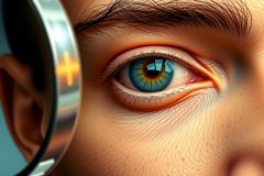 A detailed close-up of a human face with prominent blue eyes and an optical illusion that creates a three-dimensional effect around the eyeball. The image captures the intricacies of eye structure, color contrast, and visual perception through this artistic representation.