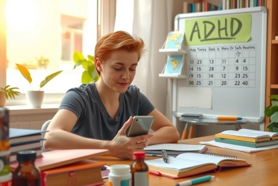 A young woman is seated at a desk, working on her laptop. The room is well-lit with natural light, suggesting an indoor setting with windows nearby. The desk is cluttered with several books and papers, indicating a busy workspace. There's a calendar marked 'ADHD' on the wall behind her, hinting at a professional environment possibly related to mental health or psychology.