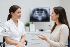 Dentist consulting a patient in a bright dental exam room with dental X-ray display.