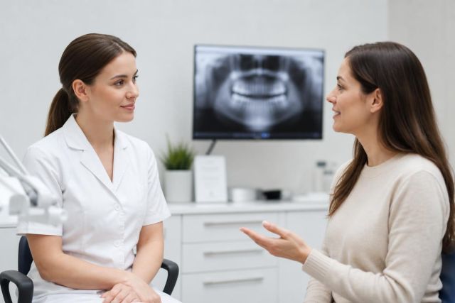 Dentist consulting a patient in a bright dental exam room with dental X-ray display.
