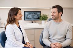 Dentist and adult patient in consultation at modern dental clinic with dental X-ray monitor.