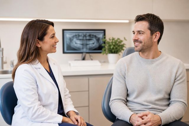 Dentist and adult patient in consultation at modern dental clinic with dental X-ray monitor.