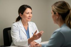 Doctor in a white coat speaking with a patient across a desk, calmly explaining treatment options.