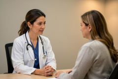 Physician in a white coat consulting a seated patient across a desk, discussing treatment options.