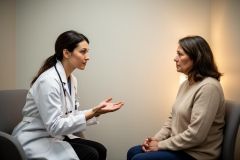 Female physician in clinic discussing treatment options with a seated patient during consultation.
