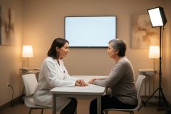 Doctor consulting an older patient across a table in a warm clinic room, discussing treatment and cost planning.