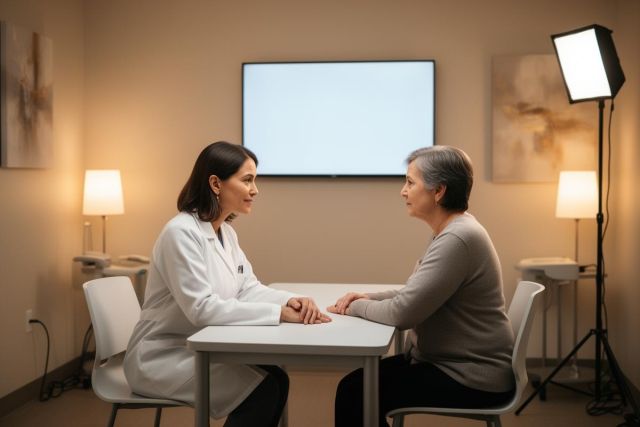 Doctor consulting an older patient across a table in a warm clinic room, discussing treatment and cost planning.