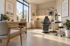 Bright modern ophthalmology exam room with eye chair, phoropter, desk, and seating.