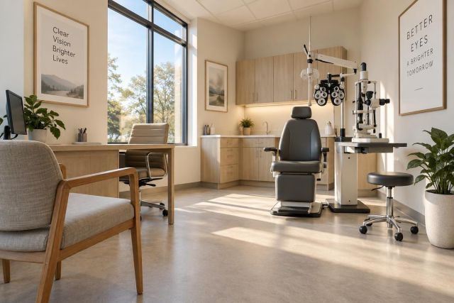 Bright modern ophthalmology exam room with eye chair, phoropter, desk, and seating.