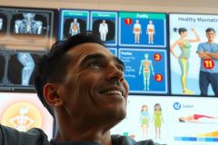 In the image, a man is seated in front of multiple screens displaying various medical images and diagrams. He appears to be smiling and engaged with the content on the screens, possibly analyzing health-related information or data.