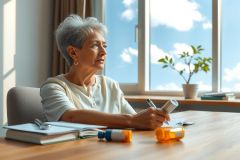 In the image, an older woman is seated at a wooden desk with her hand resting on her chin. She appears to be focused or deep in thought. On the desk are several books and papers spread out, indicating she might be working or studying. 