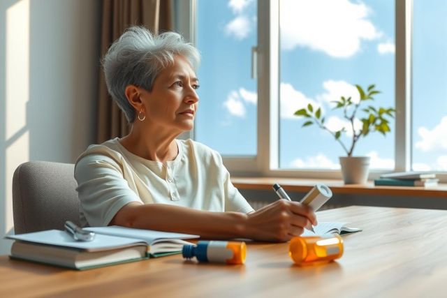 In the image, an older woman is seated at a wooden desk with her hand resting on her chin. She appears to be focused or deep in thought. On the desk are several books and papers spread out, indicating she might be working or studying. 