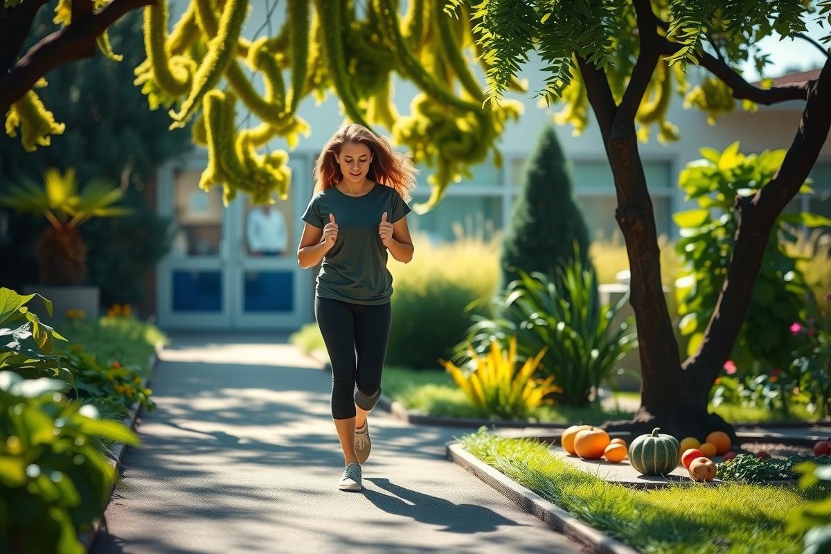 The image depicts a young woman jogging on a sunny day. She is wearing sportswear, including shorts and a top, suitable for athletic activity. Her hair is long and light-colored.