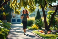 The image depicts a young woman jogging on a sunny day. She is wearing sportswear, including shorts and a top, suitable for athletic activity. Her hair is long and light-colored. 