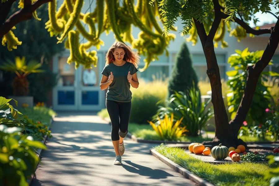 The image depicts a young woman jogging on a sunny day. She is wearing sportswear, including shorts and a top, suitable for athletic activity. Her hair is long and light-colored. 