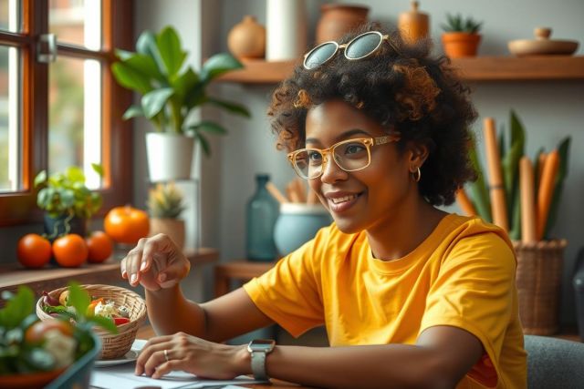 This is a colorful image featuring a young woman seated at a desk indoors. She is wearing glasses and a yellow top, smiling warmly as she looks towards the viewer.