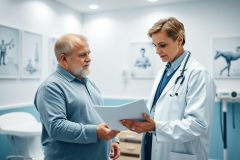 Doctor consults with a senior patient in a bright, modern medical office. The scene shows a healthcare professional reviewing documents with an older man, likely discussing test results or treatment plans. Blue and white tones dominate the environment, creating a professional and calming atmosphere. Focus on healthcare, patient care, and medical consultation.