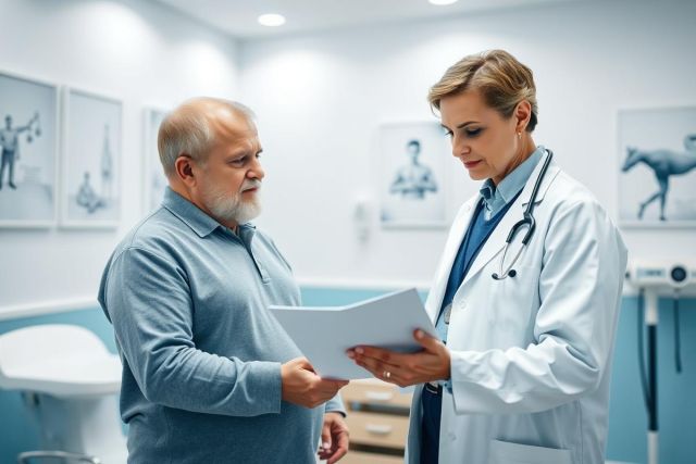 Doctor consults with a senior patient in a bright, modern medical office. The scene shows a healthcare professional reviewing documents with an older man, likely discussing test results or treatment plans. Blue and white tones dominate the environment, creating a professional and calming atmosphere. Focus on healthcare, patient care, and medical consultation.