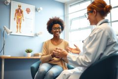 Doctor consults with a patient in a brightly lit office. The scene features a female doctor in a white coat and a female patient seated in a blue chair. The room includes medical charts and a plant, suggesting a healthcare setting.