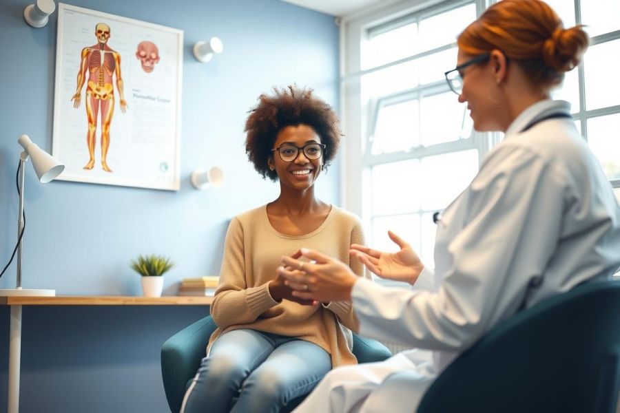 Doctor consults with a patient in a brightly lit office. The scene features a female doctor in a white coat and a female patient seated in a blue chair. The room includes medical charts and a plant, suggesting a healthcare setting.