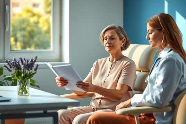 Two women sit in a bright, modern office. One holds a document, while the other listens attentively. The scene features natural light and a relaxed, professional atmosphere.