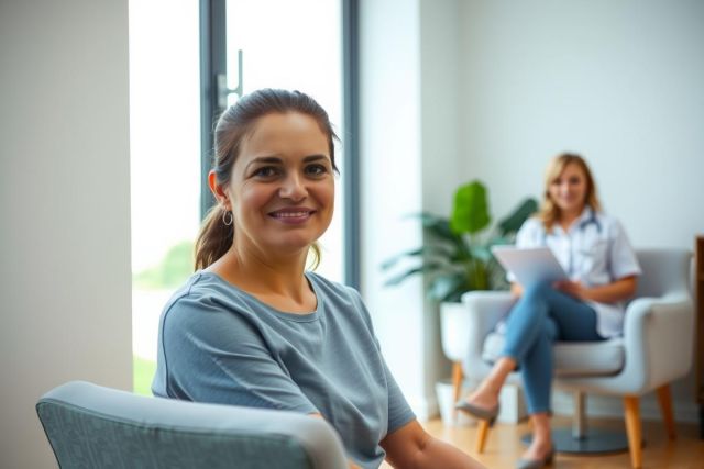 Woman sitting on a chair near a window, looking at the camera. Bright, airy room with plants and a second person visible in the background. Casual, relaxed atmosphere.
